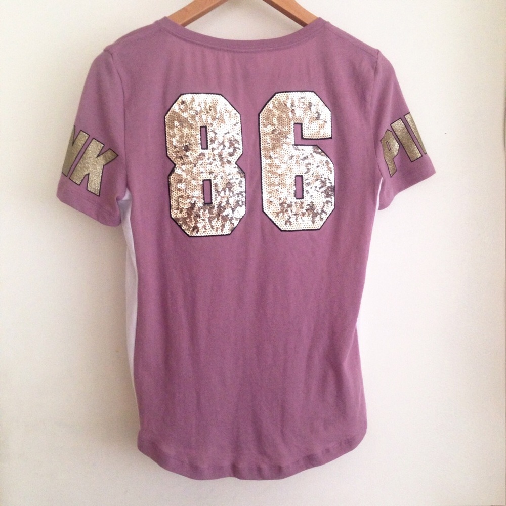 VS Pink Short Sleeve Sequin + Glitter V-neck Tee